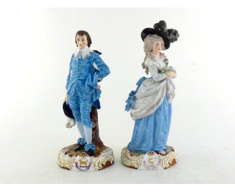 A pair of ceramic figures after Thomas Gainsborough, "The Blue Boy" and Sophia Charlotte Digby, Lady Sheffield, on rococo bas