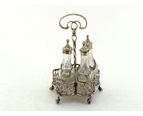 A George III silver sauce cruet by Richard Mills, London, 1766, the cinquefoil frame pierced with scrollwork, gadroon rim, on