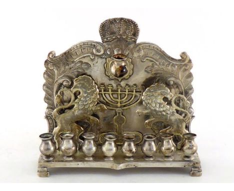 Judaica:- A parcel-gilt silver Hannukah lamp, probably Polish, second half of 19th century, bearing apparently spurious Russi