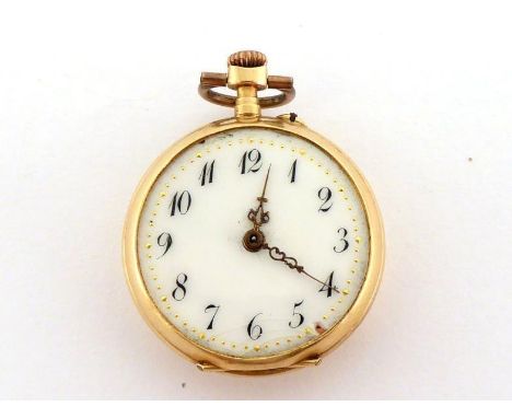 A late 19th century gold and enamel fob watch, the white enamel dial with black Breguet numerals and Louis XVI hands, the cas