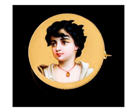 A broochGoldCircular shaped of inlaid painted and enamelled female bust elementTiger hallmark 800/1000 (1887-1938) and same d