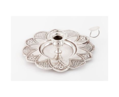 A chamber stickPortuguese silverPlain base and engraved tab with pierced and engraved floral and architectural decorationBoar