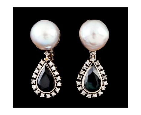 A pair of earringsGoldBaroque pearl (ca. 10.5 mm) with pear shaped drop set with two sapphires framed by frieze set with 34 8