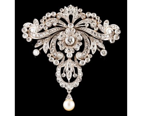 A Romantic Era broochGold and platinumStylised foliage motifs, scrolls and volutes decoration set with brilliant cut, 8/8 cut