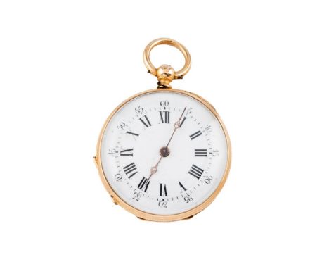 A lapel watchGoldWhite enamel dial of roman numbering and minutes dialGuilloche reverse with blank cartoucheFrench hallmark E