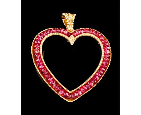 A pendantGoldHeart shaped of applied faceted ruby beads friezeDeer hallmark 800/1000 (1985-2020) and same date maker's mark3,