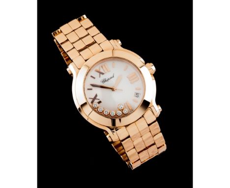 Chopard Happy Sport lady's watchPink gold case and strapWith five floating diamondsRef. Nr. 1247775Quartz movementIn excellen