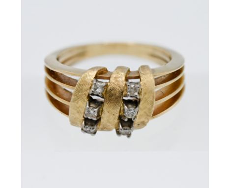 A yellow gold six stone abstract diamond ring, of Dutch origin, size N, approx. 5.4G.