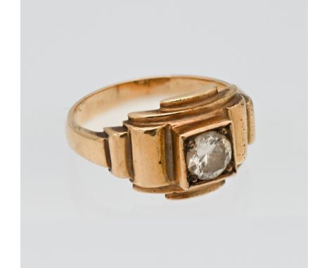 An Art Deco style single stone modern brilliant cut diamond ring, set in yellow gold (no hallmark), size K, approx. 4.6g.