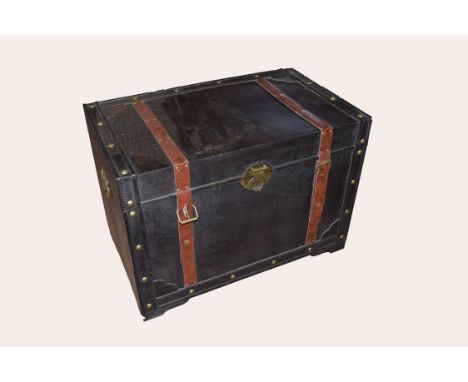 Modern designer wooden storage box, modelled as a trunk with leather straps, 77cm wide