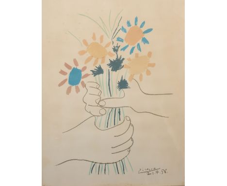 After Picasso, Flower and hands, coloured print, 64 x 49cm   