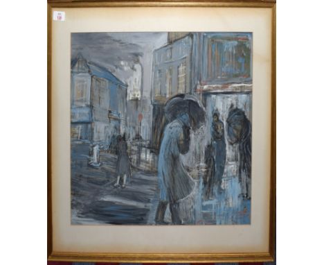 •AR Ann Vane Wright (20th century), "Bromley High Street in the rain", mixed media on paper, 46 x 59cm
