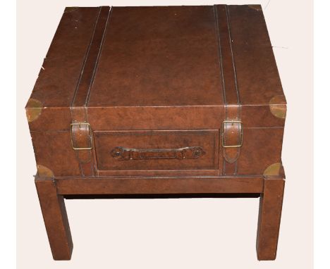 Modern designer side table with drawer modelled as a leather trunk on stand, 66cm wide