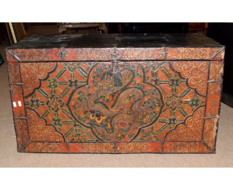 20th century hardwood trunk with Chinese decoration to front panel, 96 x 53cm