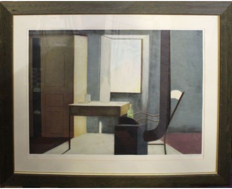 •AR Kate Gault (born 1954), Interior scene with table, bottles, chair by a window, coloured print, signed and numbered 51/175
