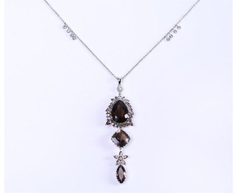14kt white gold Otazu Diamond necklace set with smoky quartz, diamond, ruby (in rose gold setting) and crystal. Including 1 p