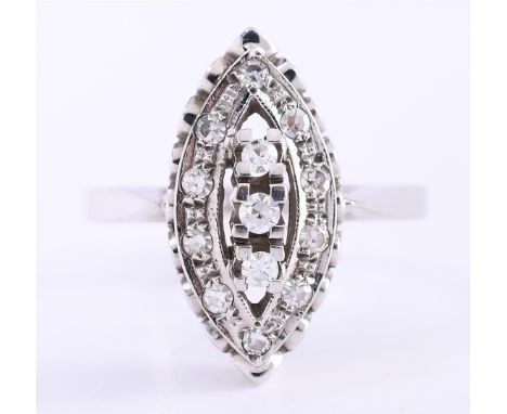 14 carat white gold women's ring in marquis shape/navette with high openwork setting, set with approximately 13 single cut di