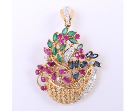 14 carat yellow gold ladies brooch and pendant combination of a flower basket (1960s-70s). Set with 27 single cut diamonds of