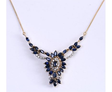 14kt yellow gold cluster necklace set with diamond and sapphire. Of which 31 marquise cut sapphires of 0.06ct with a total we