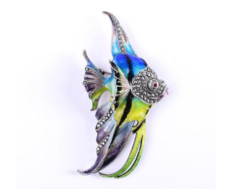 835 Silver brooch in the shape of a tropical fish. The fish is decorated with enamel in the colors blue, green and yellow and