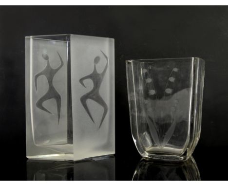 Bengt Orup for Johansfors art glass vase, with clear and frosted sides decorated with a dancing figure, signed to base, h19cm