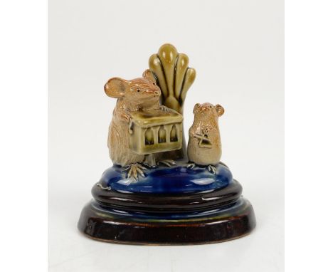George Tinworth for Doulton Lambeth mouse group menu holder, one mouse playing an organ box and another playing a triangle, c