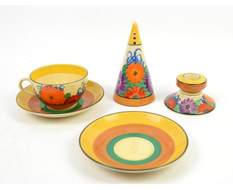 Clarice Cliff Gayday pattern cup, 9cm diam, two saucers, 14cm diam, chamber stick and sugar sifter, h14cmCondition Report:  S