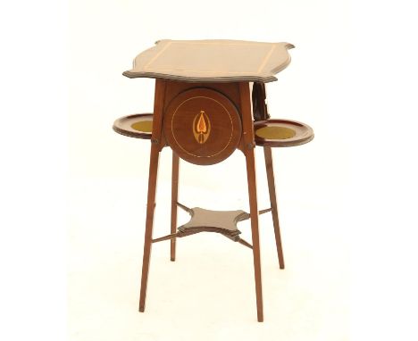 Art Nouveau mahogany table, the shaped and moulded top with satinwood inlay, with four circular fall flaps each inlaid with s