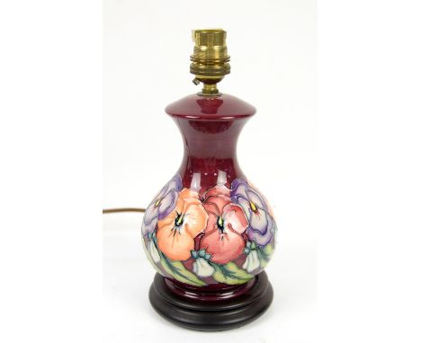 Moorcroft pansy lamp on purple ground, h24.5cm including light fitting and base