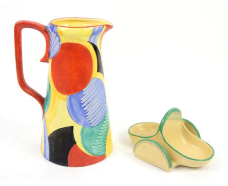 AMENDED DESCRIPTION Grays Pottery jug circa 1930s with geometric design hand-painted in bold primary colours, design by Susie