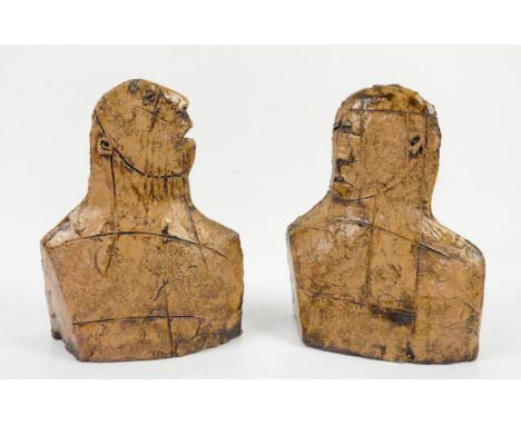 Two contemporary pottery sculptures of head and shoulders with incised details, makers mark 'K', h24cmCondition Report:  Over