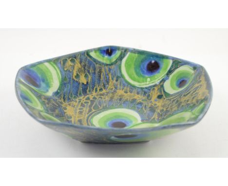 Janice Tchalenko for Dartington pottery, 'Peacock' five sided dish decorated in blue, green and gold, 32.5cm diam, h7.5cmCond