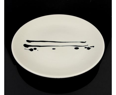 Christine Ann Richards (British, b.1949) charger with black splash on crackle glaze white ground, impressed CAR mark to base,