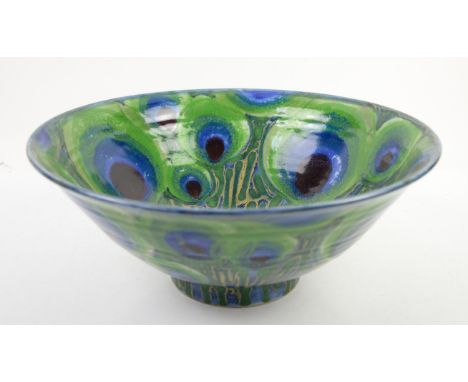 Janice Tchalenko for Dartington pottery, 'Peacock' large table centrepiece bowl with decoration in blue and green with gold, 
