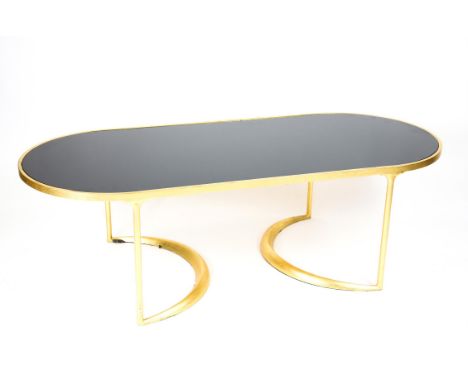 Porto Romana coffee table with smoked glass top, 150.5cm x 46cm x h65cmCondition Report:  Minor rubbing and light scratching 
