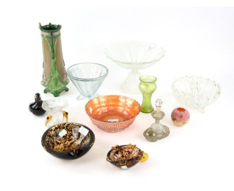 AMENDED DESCRIPTION Collection of Art Nouveau and later glassware to include a frosted candlestick modelled with Mermaids, We