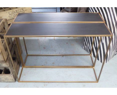 CONSOLE TABLES, a pair, 1950s French inspired, gilt finish, 25cm D x 71cm H 100cm W each. (2)