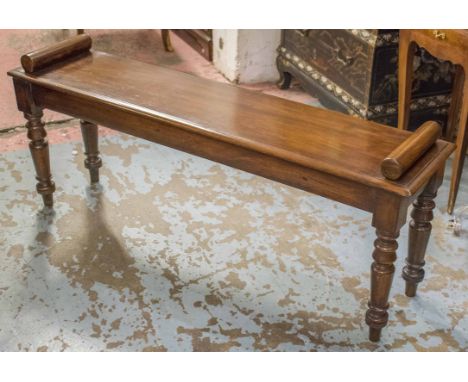 HALL BENCH, early 19th century William IV mahogany rectangular with bolster handles and turned supports, 123cm x 29cm x 51cm 