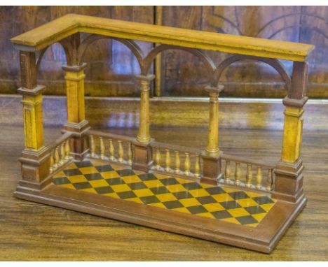 ARCHITECTURAL MODEL, corner gallery with columns, balustrade and chequer floor, 25cm H x 40cm x 17cm.