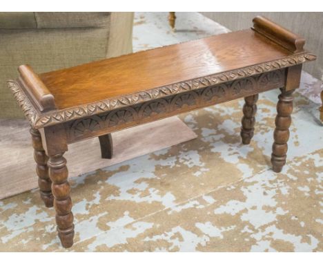 HALL BENCH, Victorian Gothic oak rectangular lunette carved frieze and turned supports, 91cm W.