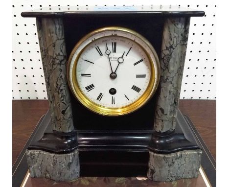 LATE VICTORIAN MANTEL TIMEPIECE, black slate and grey marble, dial inscribed 'Hry Marc, Paris', 23.5cm x 22cm H max.