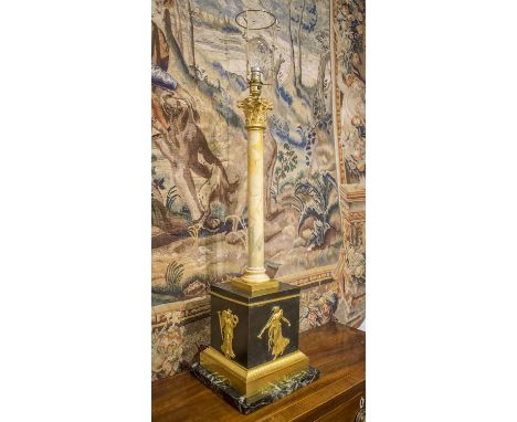 LAMP BASE, Neoclassical marble and gilt metal mounted with square plinth and graduating column with shade, 120cm H.
