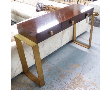 HALL/CONSOLE TABLE, Art Deco style, exotic wood, three drawer and gilt metal shaped support, 136cm W x 85cm H x 40cm D.