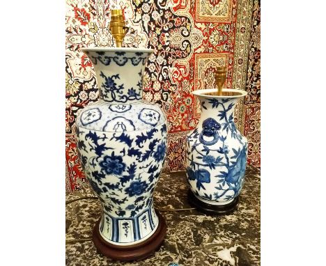 TABLE LAMPS, Chinese blue and white ceramic vase shaped, together with a smaller example. (2) 57cm H and 47cm H respectively