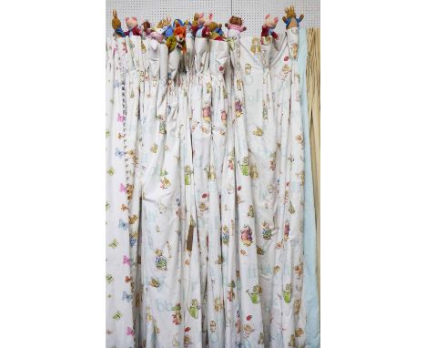JANE CHURCHILL ALPHABET BEATRIX POTTER FABRIC CURTAINS, a pair, with removable characters, 140cm gathered by 240cm drop.