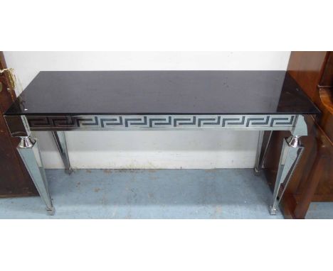 CONSOLE TABLE, Italian style chrome framed with a rectangular tempered glass top and Greek key effect pattern below on square