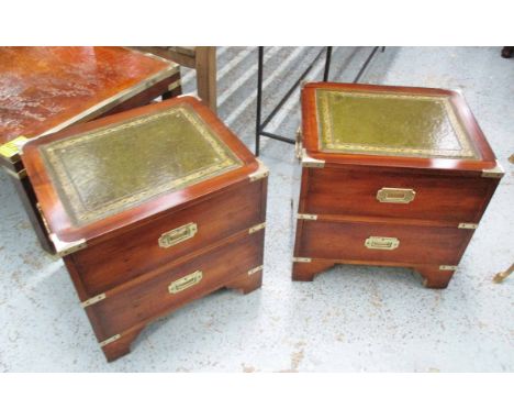 BEDSIDE CHESTS, a pair, military style yewwood, each with green leather top and two drawers below on bracket supports, 46cm x
