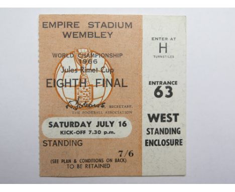 1966 World cup match ticket, 16th July, Eighth Final, played at Wembley (Brown ticket)