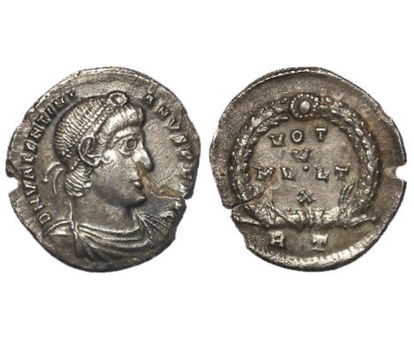 Valentinian I silver siliqua, Rome Mint 364-367 A.D., reverse reads:- VOT V MVLT X within wreath [variety with dot in centre]