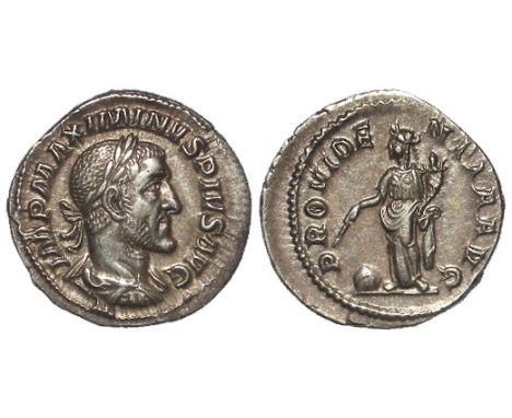 Maximinus I silver denarius, Rome Mint 235-236 A.D., reverse reads:- PROVIDNETIA AVG, Providentia holding cornucopiae, globe 